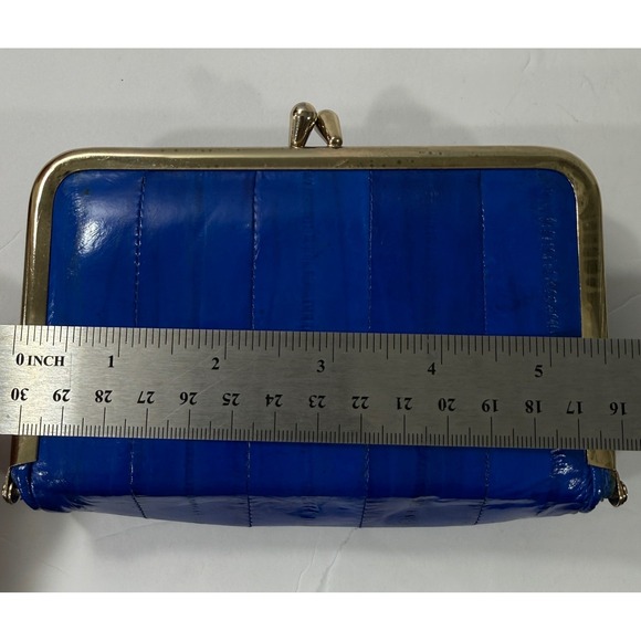 Vintage Coin Purse Eel Skin Clam Shell Make Up Bag Kiss Lock Frame Mirrored Blue - Picture 15 of 15